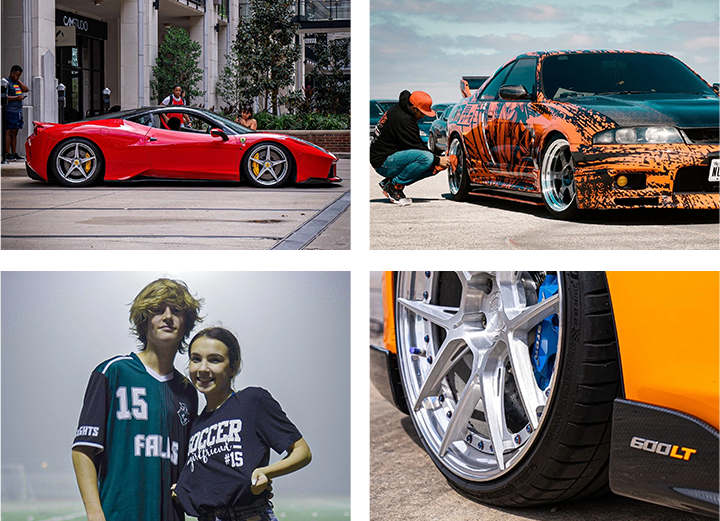 A collage of pictures with cars and people.